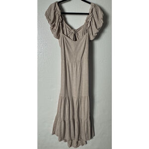 ISLAZUL Beige Tiered Maxi Dress with Open Back Ruched Puff Sleeves size Medium